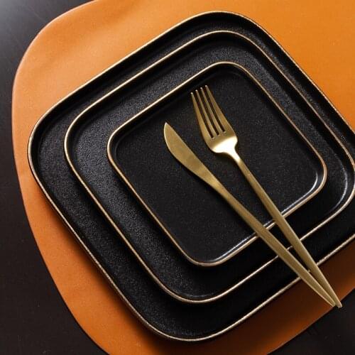 European creative simple black matte ceramic square plate with gold rim home steak plate western plate dessert plate tableware