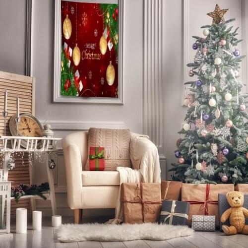 Tapestry Pine Tree Branches Snowflakes Hanging Golden Baubles Ribbons Gifts Christmas Decor Art Red Green