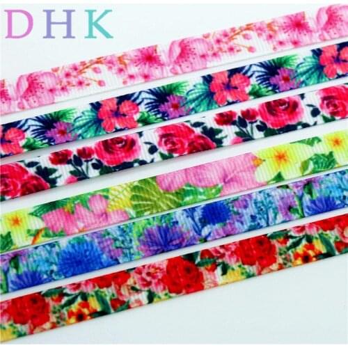 DHK 3/8'' 5yards flowers rose cherry printed grosgrain ribbon Accessory hairbow headwear DIY decoration OEM 9mm E1336