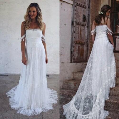 2019 Bohemian Summer Beach Wedding Dresses Off The Shoulder Lace Boho Bridal Gowns Vintage French vestido de noiva Wedding Dress