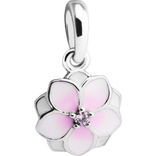 Magnolia Bloom Pale Cerise Enamel Silver Beads For Jewelry Making Fits European Bracelets Sterling Silver Jewelry Woman DIY