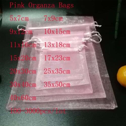 Wholesale 100 Pcs/lot Pink Organza Bags Drawstring Pouches Jewelry Bags Gift Packaging Bags Christmas Wedding Gift Package Bags