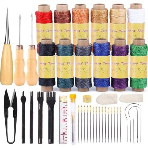 Imzay 46Pcs Leather Sewing Kit With 12Color Waxed Thread, Leather Stitching Punch, Awls And Other Tools For Leather Stitching