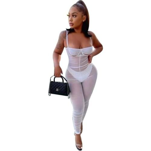 2021 New Arrival Fashion Design Mesh Jumpsuits Solid Spaghetti Strap Summer Sexy Club Bodycon Rompers