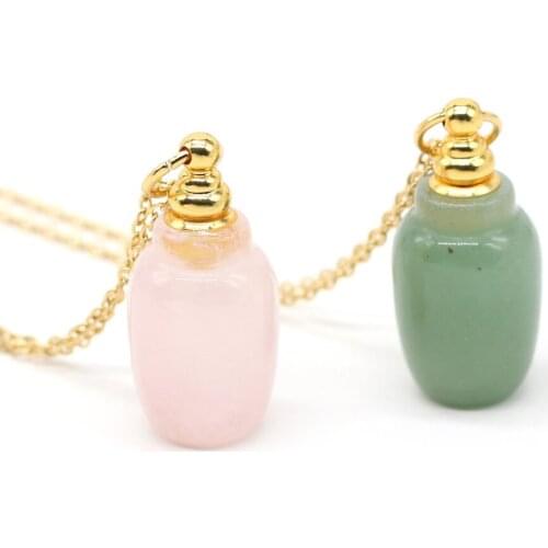 Natural Perfume Bottle Crystal Stone Pendant Necklace Aventurine Rose Quartzs Essential Oil Diffuser Charm Copper Chain Jewelry