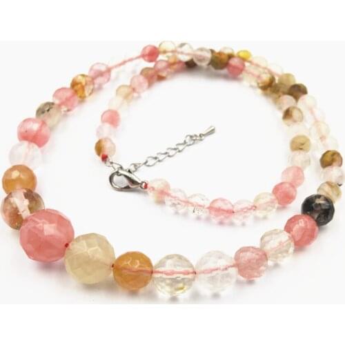 Trendy Women Strand Necklace Watermelon Stone Crystal Beads 6-14mm Faceted Round Quartzs Tower Chain Choker Jewelry 18" A448