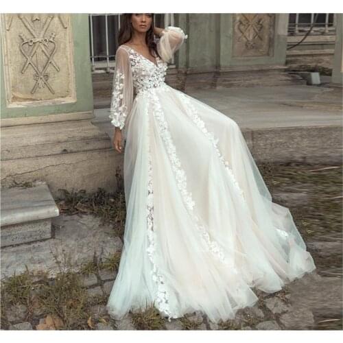 Princess Boho Wedding Dresses Appliques Lace Backless Beach Bride Dress Long Sleeve Puff Plus Size Bridal Gown Vestido De Noiva