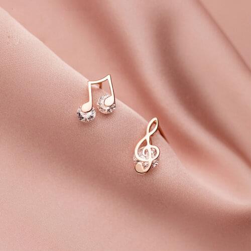 Music Note Earrings 925 Sterling Silver Rose Gold Zirconia Stud Earring For Women Asymmetric Korean Fine Jewelry Girl Gift