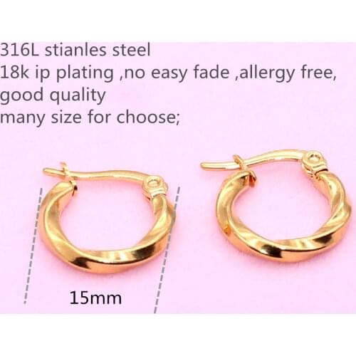 Gold-color IP Plating 15MM 40MM 60MM 316 Stainless Steel Hoop Earrings No Fade Allergy Free Classical Brief Style
