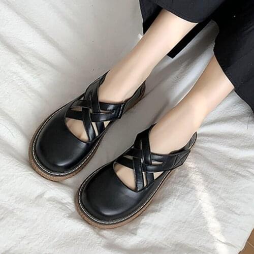 Spring Lolita Shoes Cross-tied Woman Leather Casual Shoes Black Flat on Platform Shoes Girls Mary Janes Shoe Round Toe 9016L