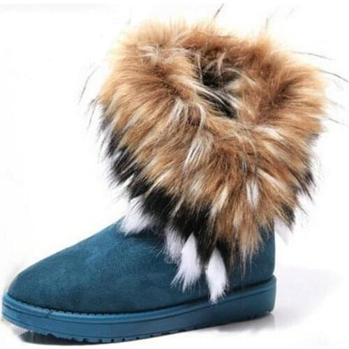 High boots Artificial fur boots women warm Imitation fox fur flat snow boots Winter warm Plush Cotton boots