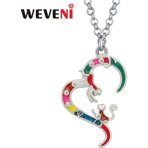 WEVENI Mothers Day Enamel Alloy Heart Shape Monkey Necklace Pendant Long Fashion Charms Animals Jewelry Gifts For Women Girls