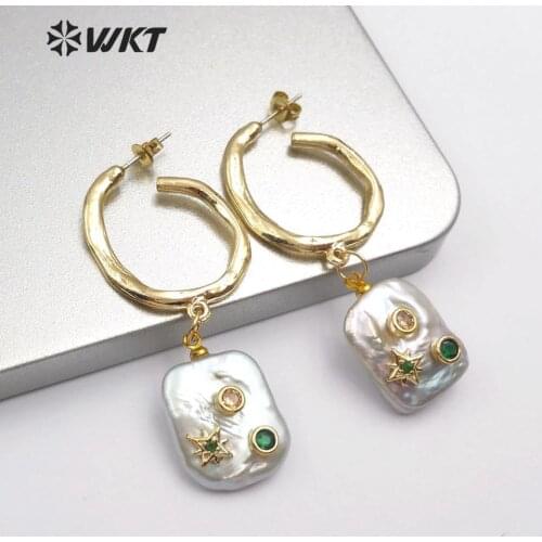 WT-E558 New!!! WKT natural pearl Earrings eye/round/stars shape CZ pave Earrings women fashion patterns charm Earrings Jewelry