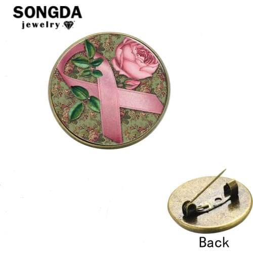 SONGDA Fashion Breast Cancer Awareness Pink Ribbon Art Photo Glass Dome Metal Icons Pins Brooches for Suit Sweater Coat Backpack