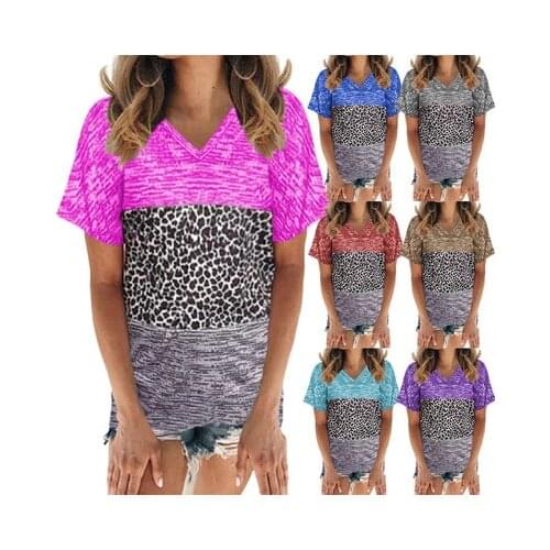 2021 New Summer Women Fashion Lace Stitching Half Sleeve Shirt Casual T-shirt for Lady Loose V Neck Blous Stitching Leopard