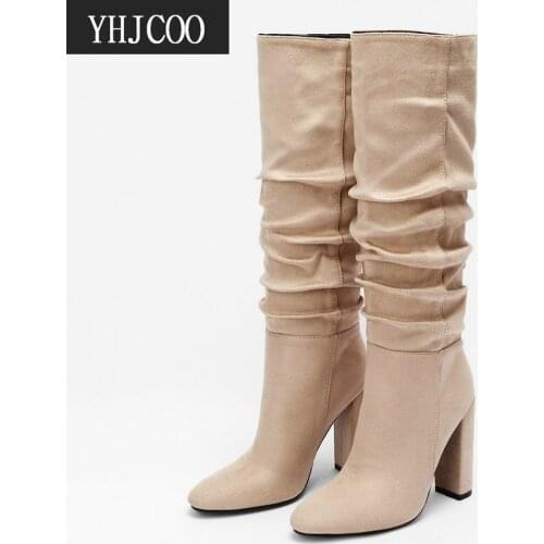 2021 Fashion Women Boots Autumn Winter Sexy High Heels Pleated Slim Fit Knee-High Boots High Quality Flock Woman Shoes Size 43