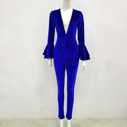 Roayl Blue Jumpsuit Fashion Evening Wear 2021 Sexy V Neck Long Sleeve Formal Women Party Long Full Lenght Bodycon Jumpsuits