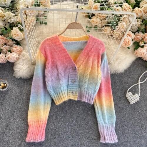 Korean Rainbow Striped Women Short Cardigan 2021 Sexy V-Neck Long Sleeve Female Jacket Outfits Single Breasted Knit Sweater Coat