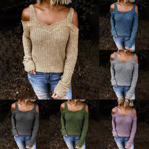 Women Off Shoulder Sexy Sweater Autumn Spring 2021 Female Long Sleeve Knitted Gray Pullovers Sweaters Femme Knit Clothes