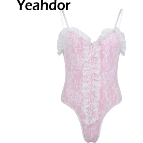 Pink Mens Sissy One Piece Lingerie Bodysuit Adjustable Spaghetti Shoulder Straps High Cut Ruffle Lace Teddy Nightwear Sleepwear