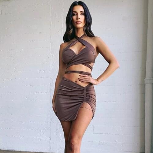 Two Piece Halter Bodycon Dress Women Cut Out Night Club Outfits Party Short Mini Dresses Sexy Backless Brown Vestidos