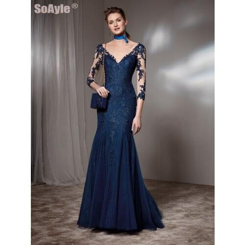 Dark Blue Lace 3/4 Sleeve Evening Dress Plus Size V-Neck Prom Dresses Mermaid Fromal Party Gown Women Tulle SoAyle