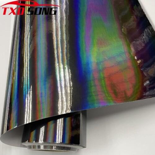50cmx200/300/500/600cm Black Holographic Chrome Vinyl Wrap Rainbow Finish Roll DIY Air-Release Adhesive Film