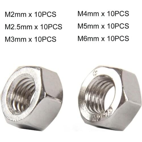 60Pcs M2 M2.5 M3 M4 M5 M6 Carbon Steel Hexagon Nuts Nickel Plated Hex Nuts Set/Kit