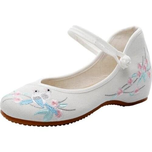 Vintage Ladies Strappy Denim Embroidered Comfort Canvas Ballet Flats Soft Woman Ballerinas Flat Shoes Chic Style White