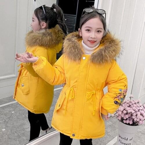 Childrens jacket for girls winter long coat Overcoat fur collar warm down jacket embroidery cotton clothes girl hooded jacket