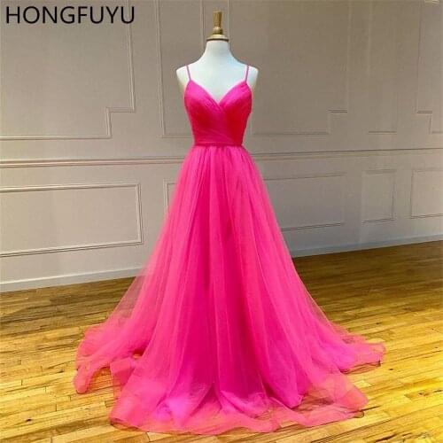 HONGFUYU Hot Pink A-line Prom Dresses gala jurken Spaghetti Straps Tulle robe de soiree Dress Prom Evening Gowns for Women Party