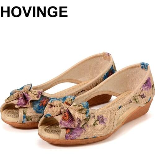 HOVINGE Fashion Beijing Cloth shoes breathable flat sandals womens shoes summer peep toe