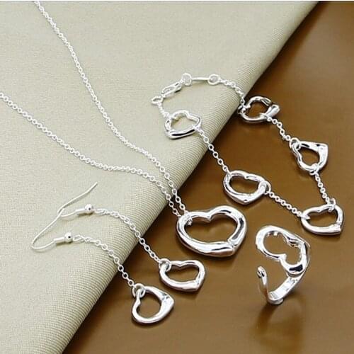 Wholesale Price 925 Silver Jewelry Set Love Heart Shape Necklace Bracelet Earrings Rings Set Fine Jewelry