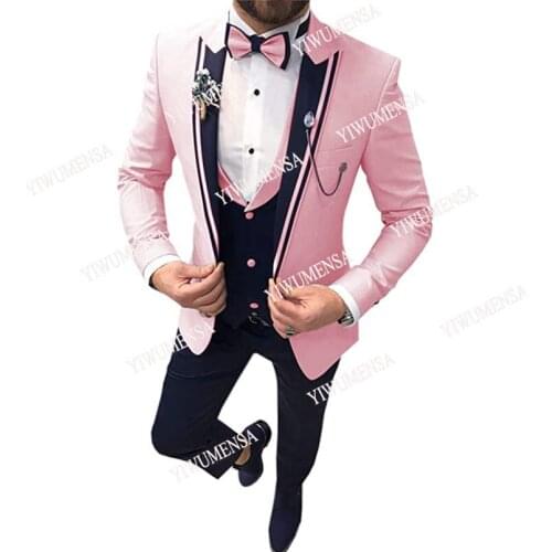 Tailor-Made Pink Mens Suits Slim Fit 3 Piece Prom Tuxedos Shawl Lapel Single Breasted Jacket+Vest+Pants Grooms Wedding Party