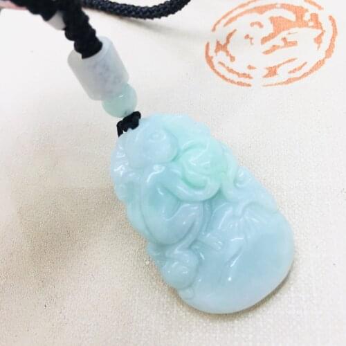 Pure natural Emerald jade Hand-carved two-color zodiac monkey pendant with simple necklace Men and women sweater chain