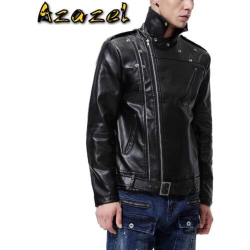 HOT Men 2020 autumn and winter new Coat Fashion Lapel diagonal zip motorcycle jacket mens Slim PU leather jacket outwear M-5XL