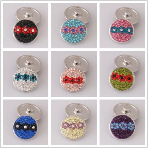 Fashion high Quality Colorful 3Flowers pattern rhinestone 18MM charm snap buttons for DIY snap jewelry wholesale
