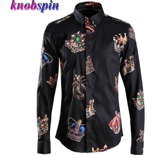 Brand Men Shirt 2019 long sleeve Crown Print Pure Cotton Chemise homme Casual Slim shirts male Plus size Business male clothes