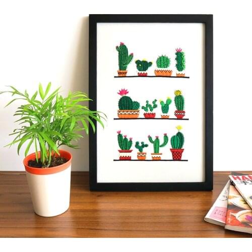 Cactus Plant Embroidery Kit with Hoop Needlework Handwork Cross Stitch Set for Beginner Sewing Art Wall Painting Home Decor
