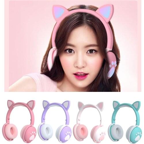 Cute Girls RGB LED Bluetooth 5.0 HIFI Headphones 3.5mm Jack with Mic for iPhone iPad Smartphones