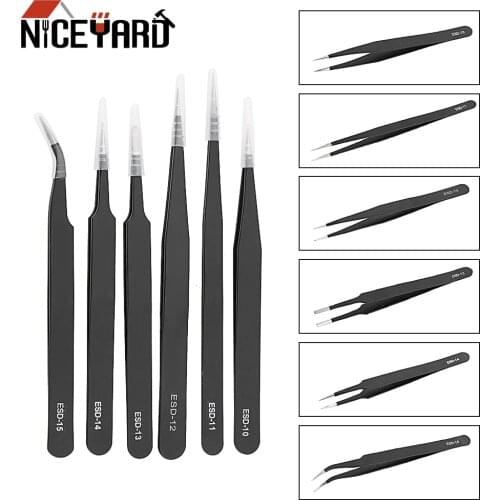 NICEYARD 6Pcs/Set Anti Static Industrial Precision Repair Tweezers for Watch Jewelry Mobile Phone Electronics Tweezers Set
