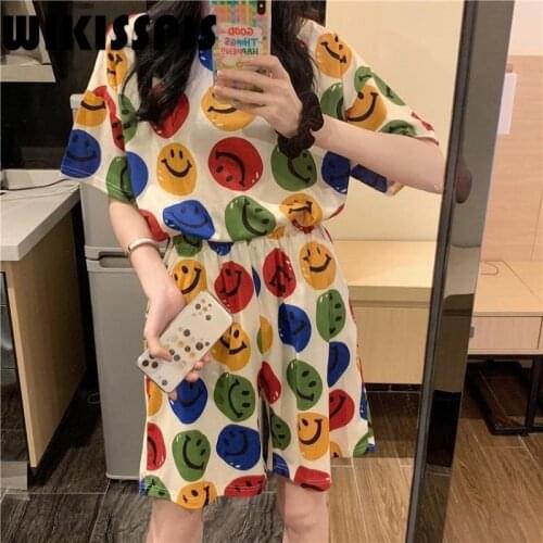 2021 Summer New Cute Smiley Face Printed Short Sleeve Home Wear Bedroom Set Pajama Set Women Lounge Wear Two Piece Set Summer