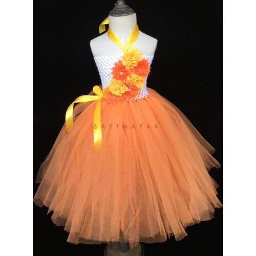 Girls Orange Flower Tutu Dress Kids Crochet Tulle Dress Long Ball Gown with Ribbon Bow Children Halloween Party Costume Dress
