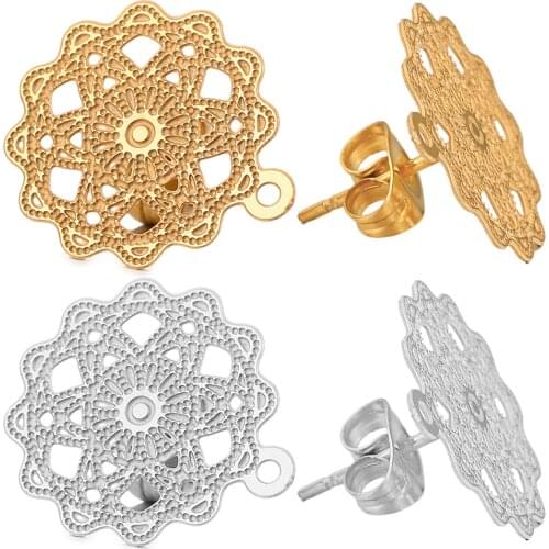 10pcs/lot Gold Stainless Steel Flower Earrings for Women Earring Base Connectors Linkers Ear Rings for DIY Jewelry Wholesale