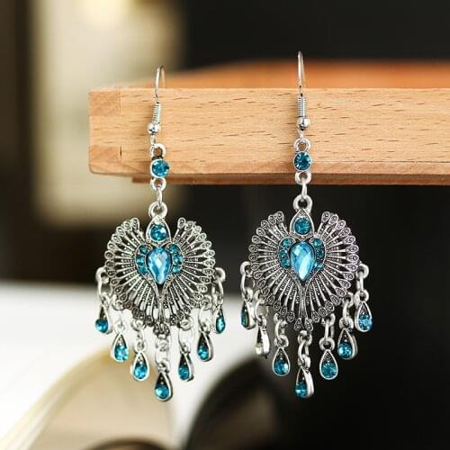 Vintage Silver Color Wing Alloy Earrings For Women Ethnic Blue Crystal Beads Tassel Dangle Earrings Charm Jewelry