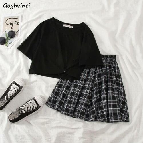 Women Sets Crop Tops Simple O-Neck Tees Harajuku High Waist A-Line Plaid Skirts Large Size Preppy Style Retro Loose Casual New