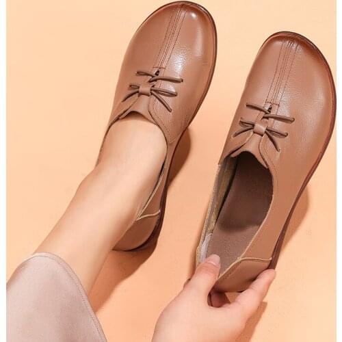 Genuine Leather Women Shoes Round Toe Lace-Up Ladies Retro Casual Flat Shoes Handmade Loafers Comfort Women Soft Single Shoes