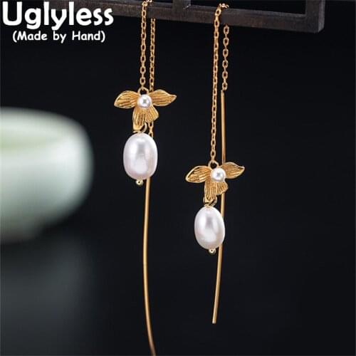 Uglyless Summer Fashion Flowers Dangle Earrings Women 13CM Super Long Ear Lines Natural Pearls Brincos 925 Silver Ethnic Jewelry
