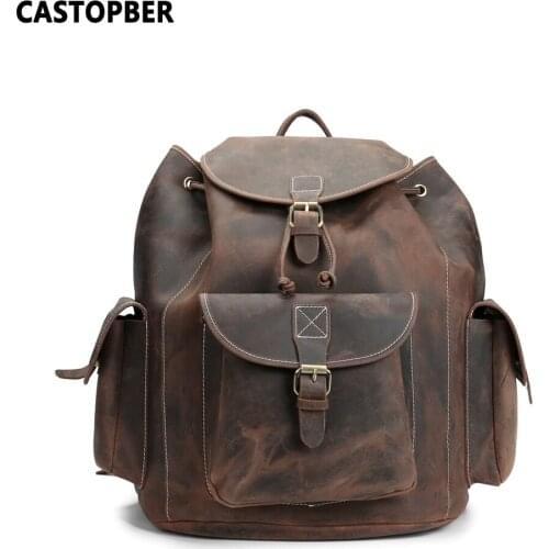 Vintage Crazy Horse Cow Genuine Leather Backpack For Men 15.6 Inch Laptops Large Capacity Drawstring With Outside Pockets Male