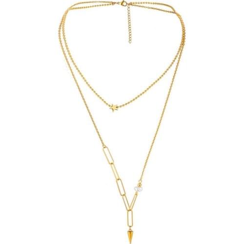 Hellolook Vintage Star Cone Pendant Necklace Double Layer Stainless Steel Clavicle Necklace Personality Neck Jewelry